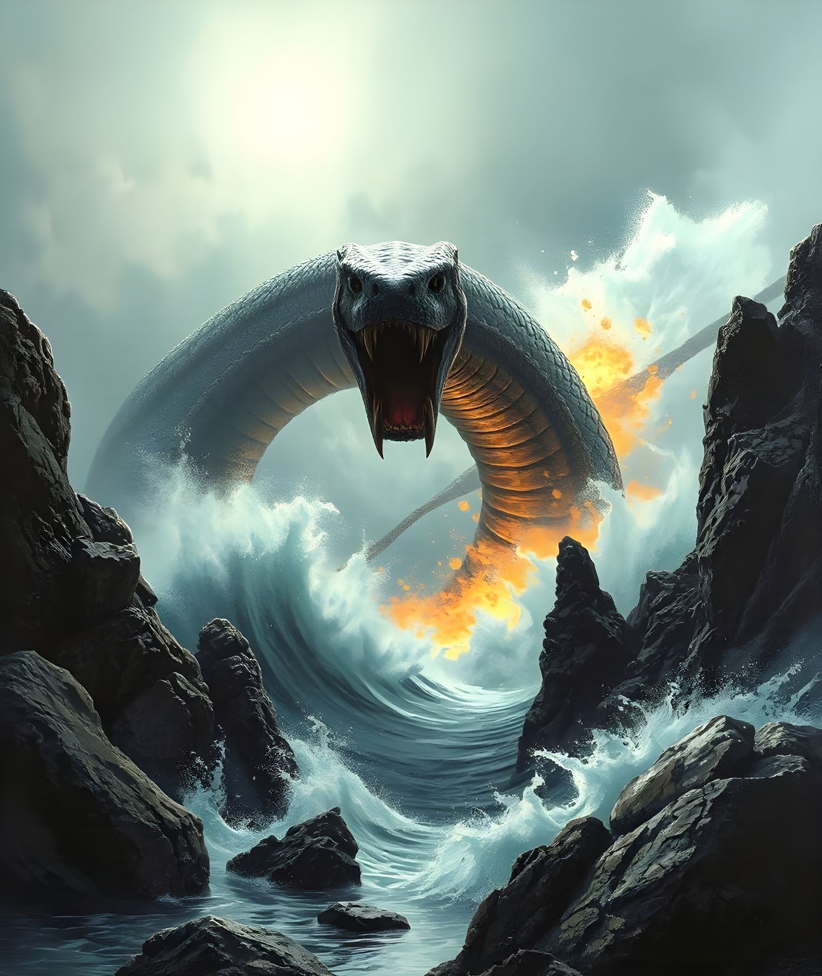 Giant Serpent Emerges From Water, Destroys Mountain