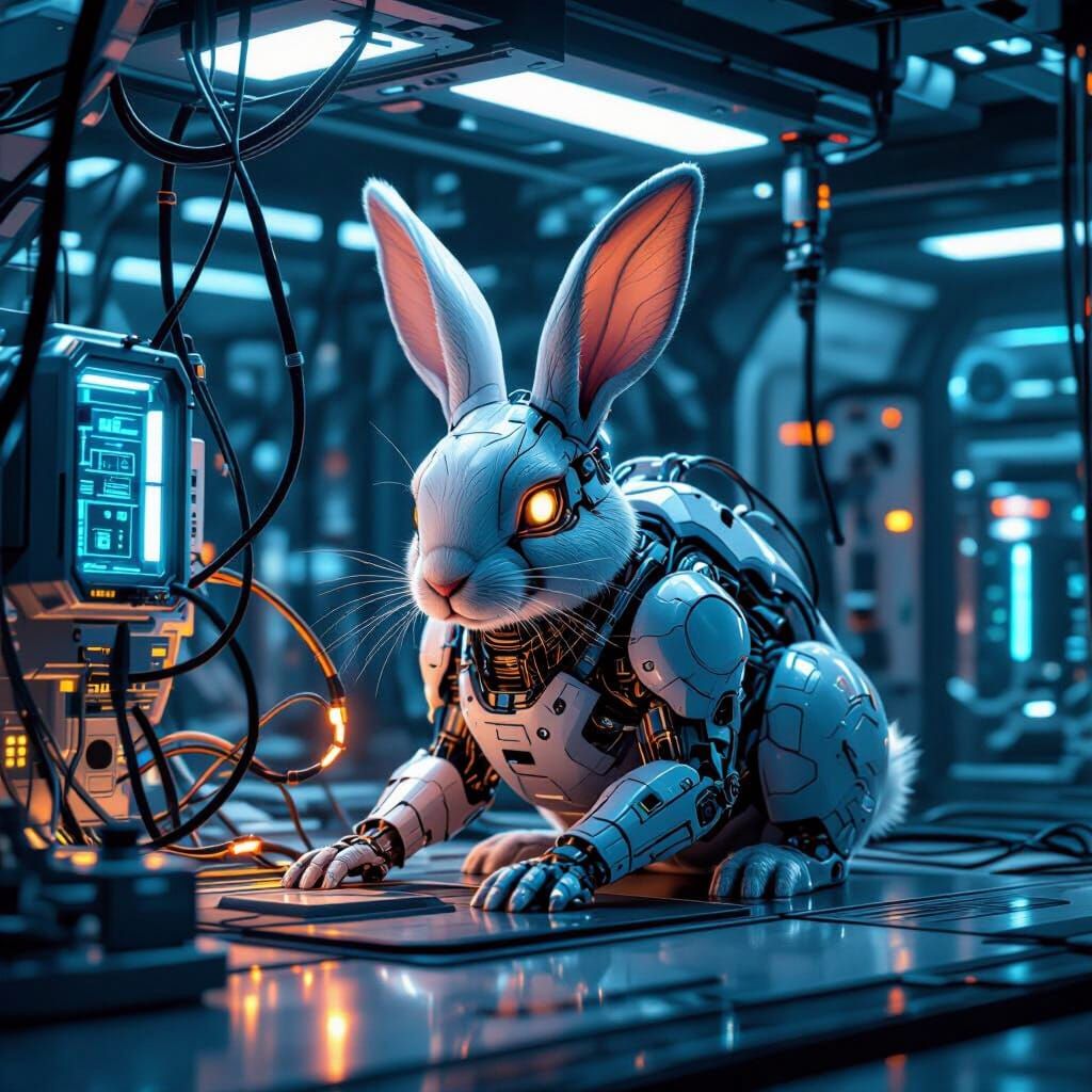 Cyborg Rabbit Recharging in Futuristic Lab