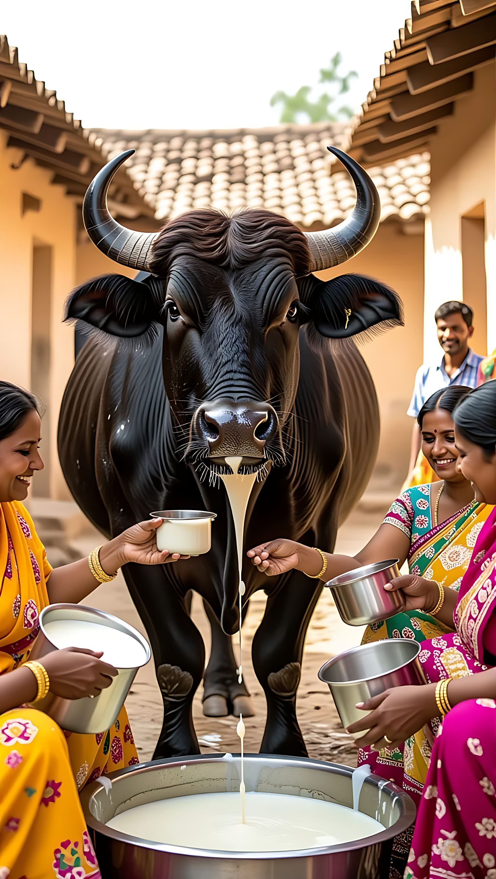 A Majestic Indian Buffalo in a Vibrant Village Courtyard, in...