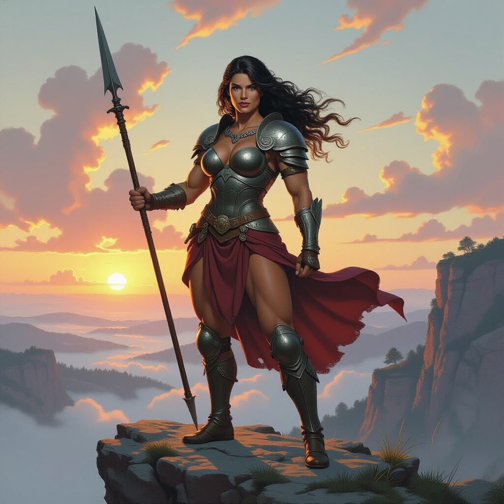 Heroic Woman Overlooks Valley, Fantasy Illustration