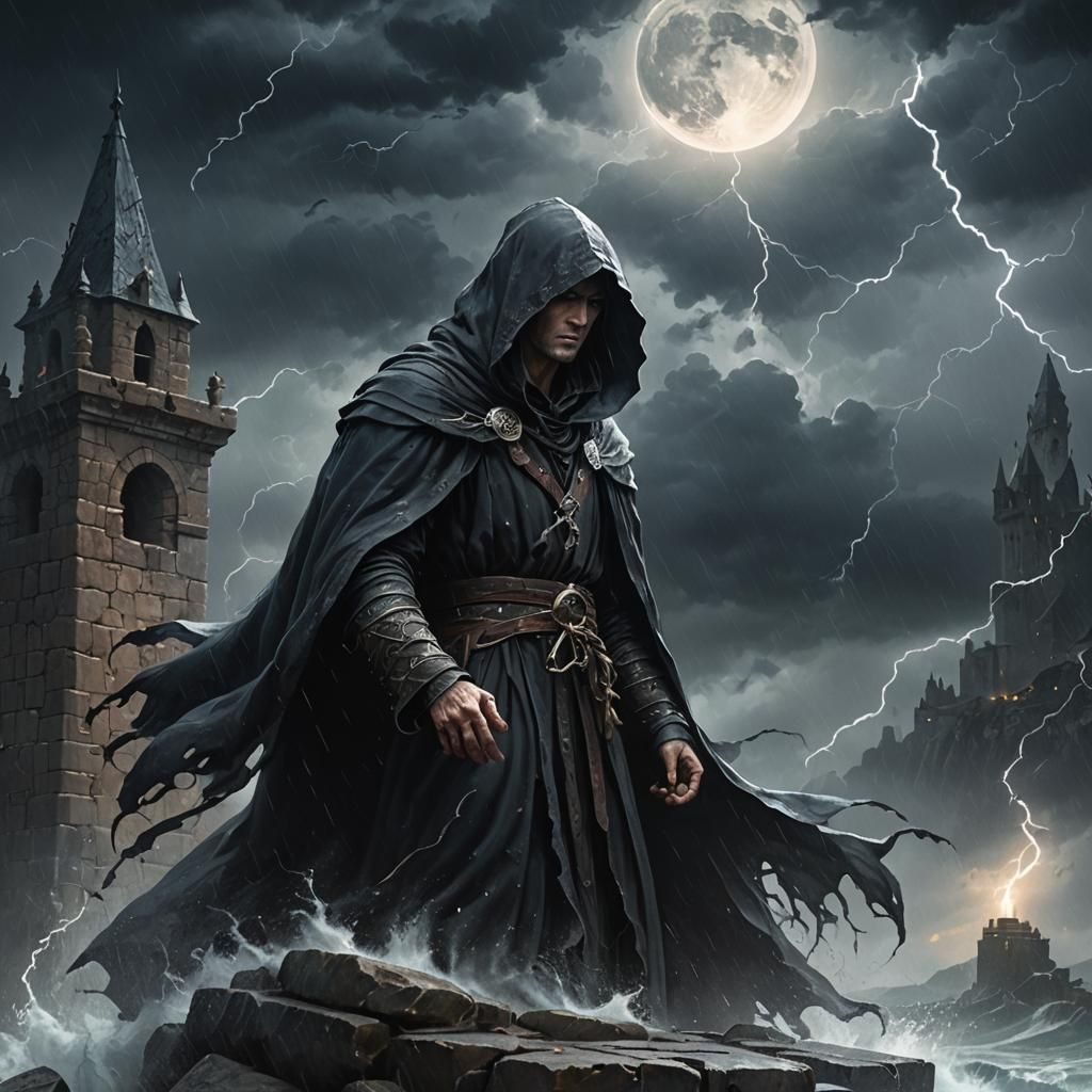 Dark Fantasy Figure on Ancient Tower