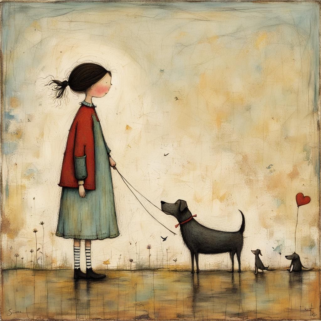 Little Girl and Dog in Surreal Style