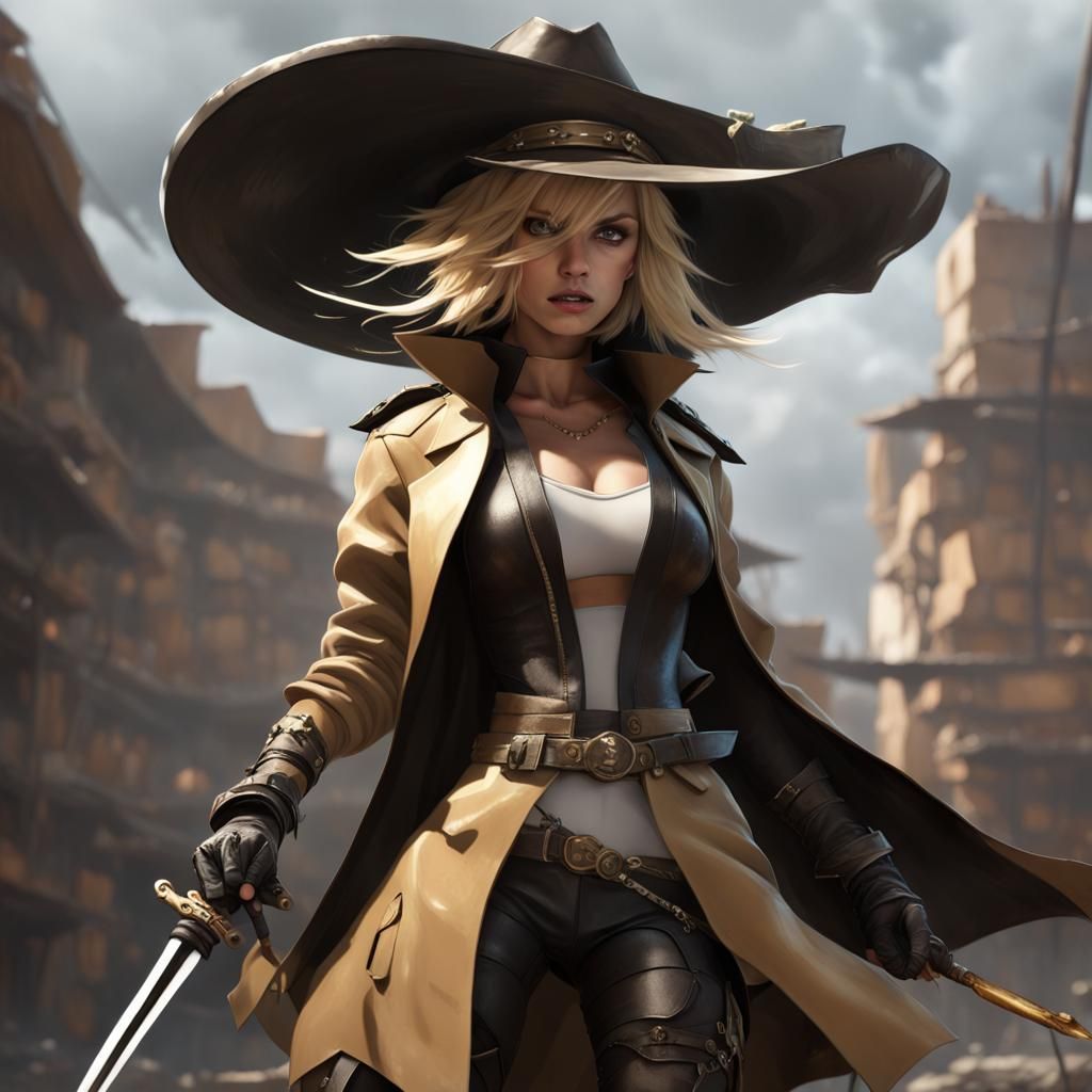 Blonde Catgirl with Katana, Wings and Sombrero