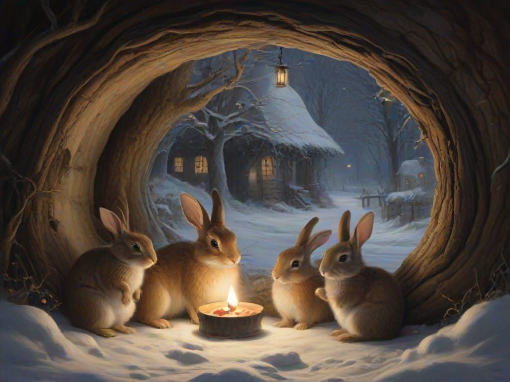Whimsical Winter Wonderland Scene of Happy Rabbits in Hollow...