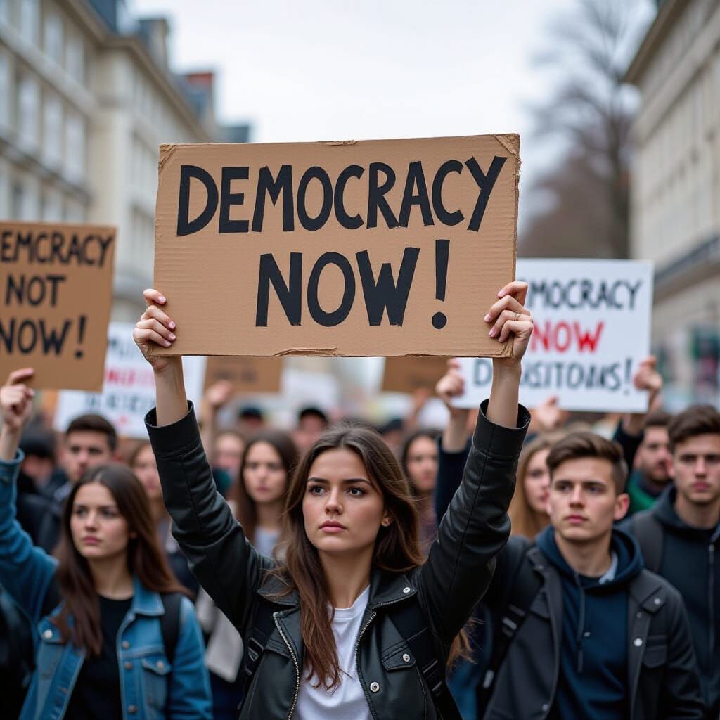 Protesters Hold "Democracy Now" Signs in Dynamic Photo