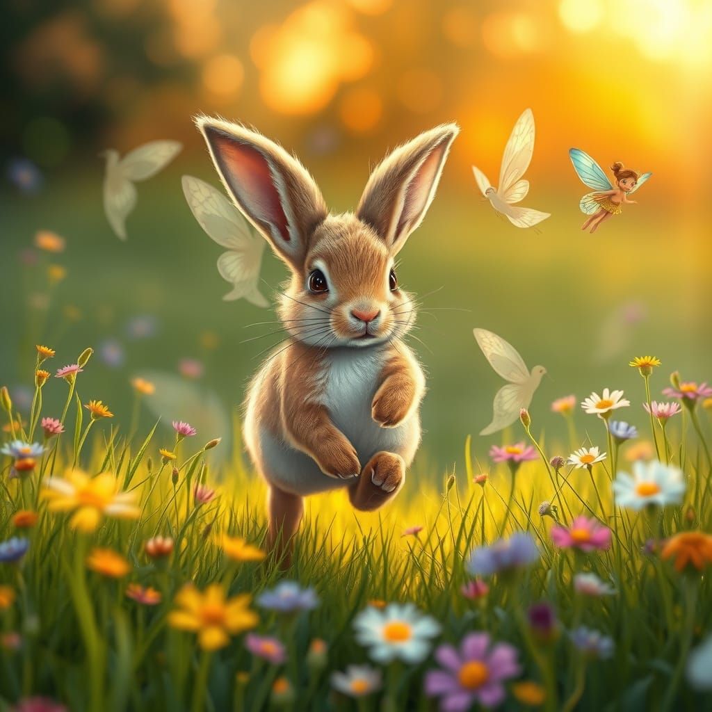 Whimsical Rabbit and Fairy in Enchanted Meadow