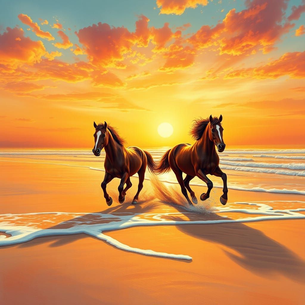 Majestic Wild Horses Galloping Across a Sunset Beach