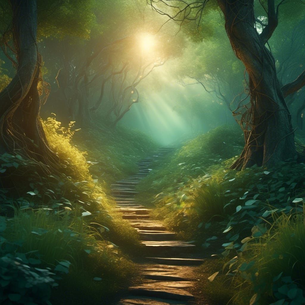 Ethereal Forest Path Illuminated by Golden Light