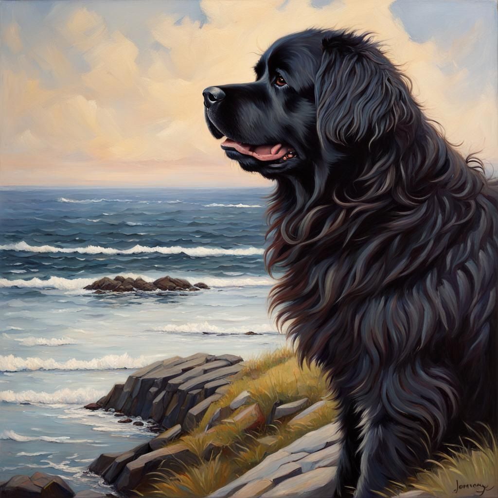 Newfoundland Dog Looks Out to Sea: Oil Painting