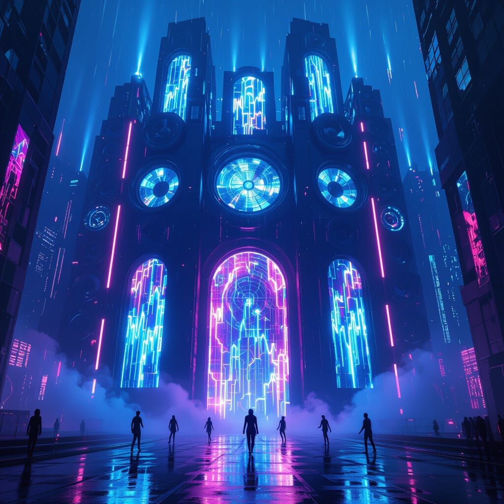 Cyberpunk Cathedral Built From Subwoofers and Neon Lights