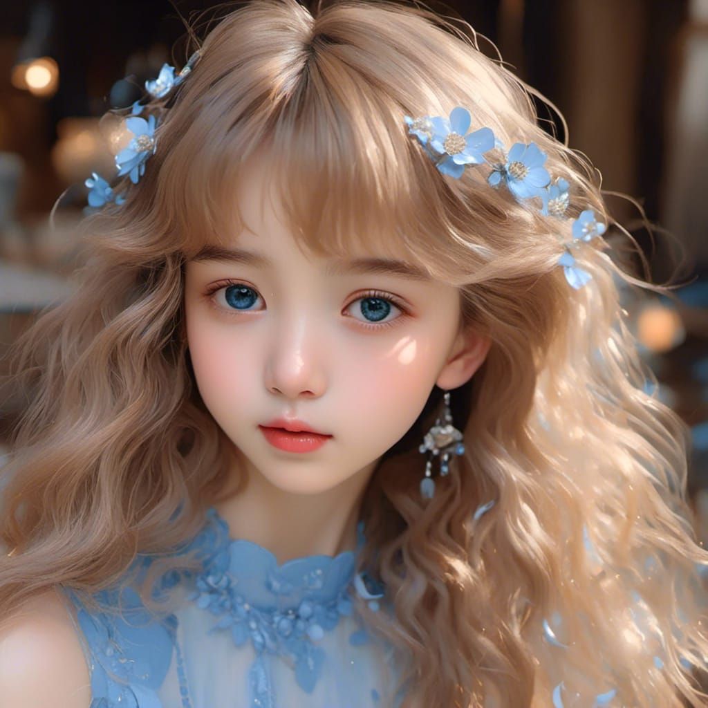 Hyperrealistic Portrait of a Beautiful Girl with Blue Eyes