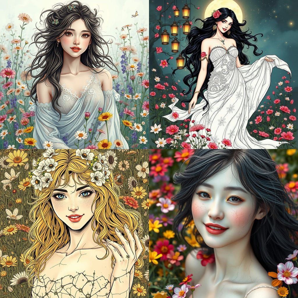 Eurasian Goddess Erupts from Floral Paradise in Vibrant Inks...