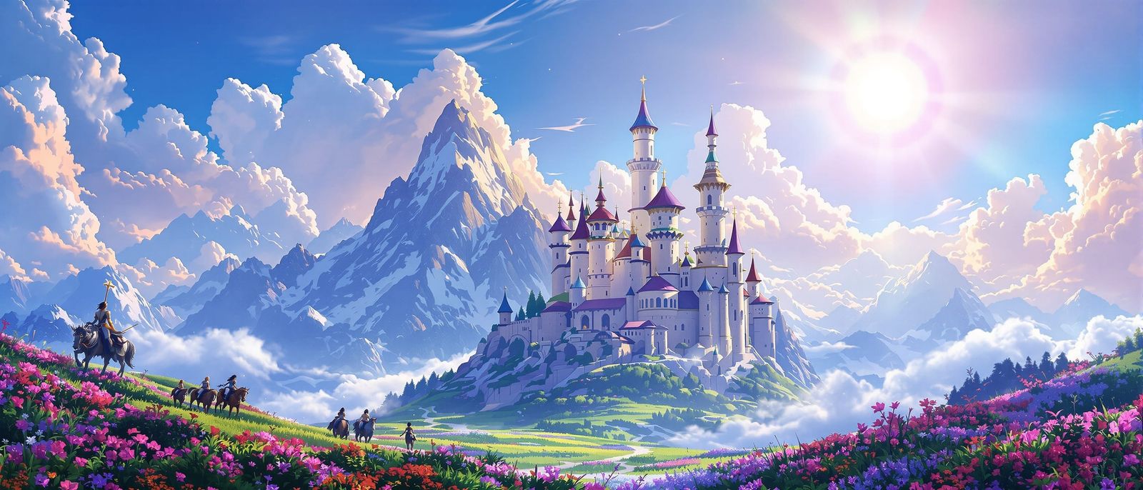 Fairytale Castle in Mountains, Elven Riders, Fantasy Art