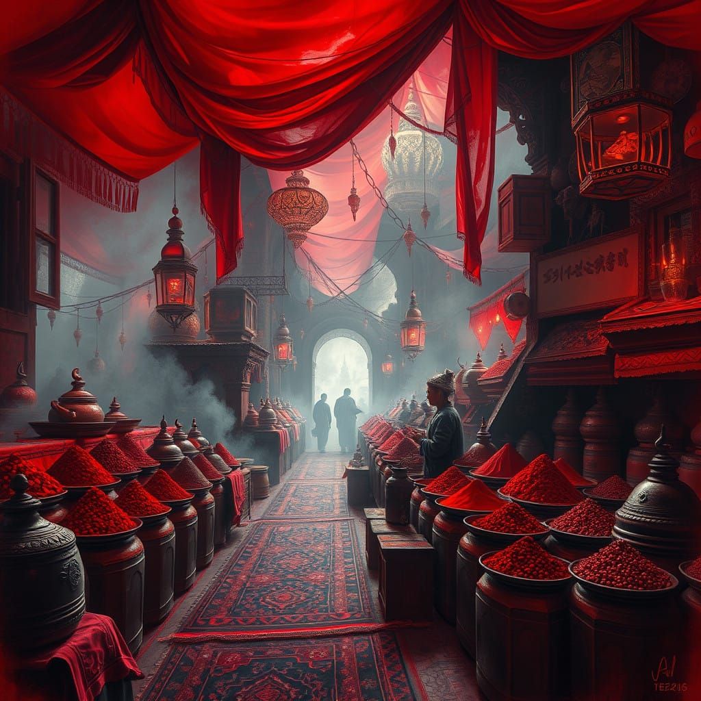 Vibrant Crimson Spice Market in Charcoal Drawing