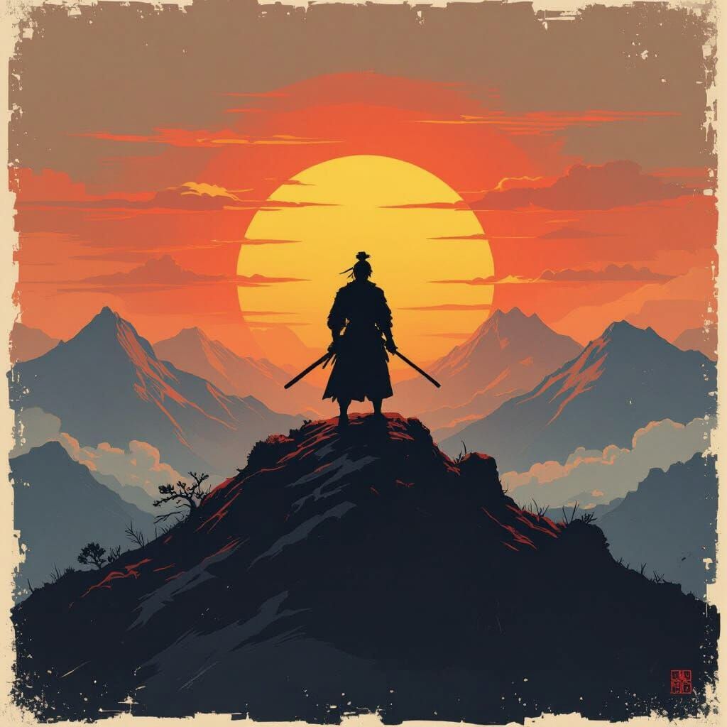 Samurai Warrior at Fiery Sunset Mountain Peak