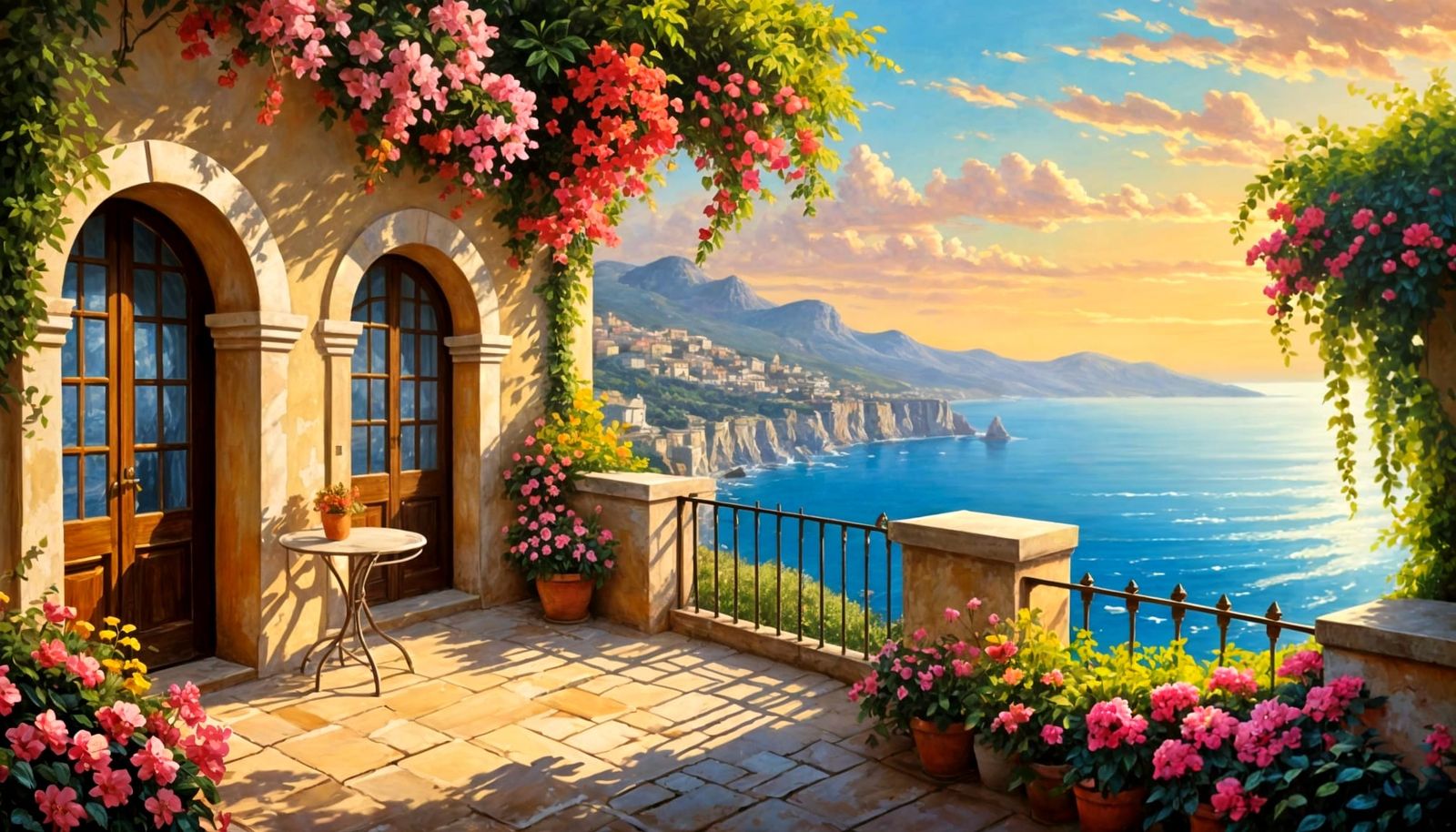 Sunlit Mediterranean Terrace Overlooking Sea