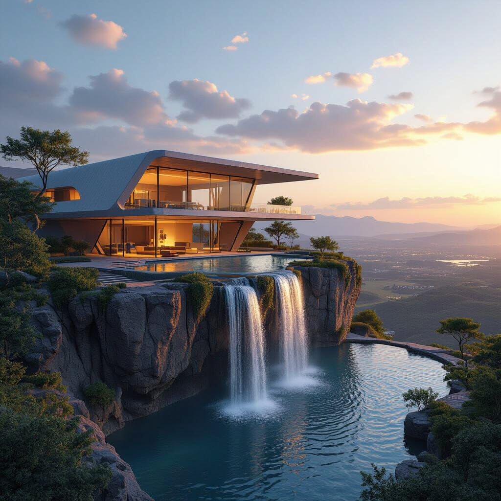 Futuristic Cliffside House Overlooking Serene Watering Hole