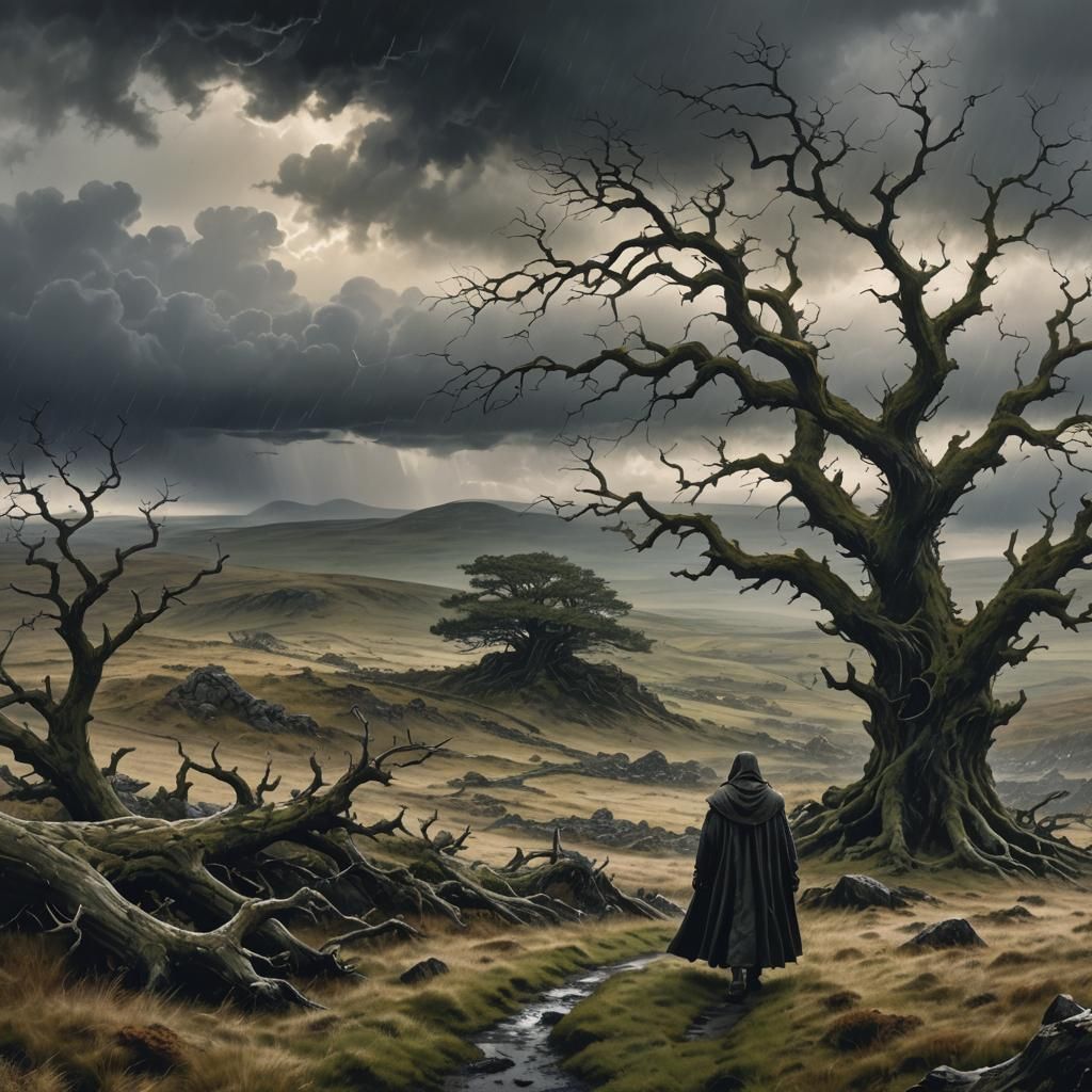 Stormy Moor Crossing in Fantasy Realism Style