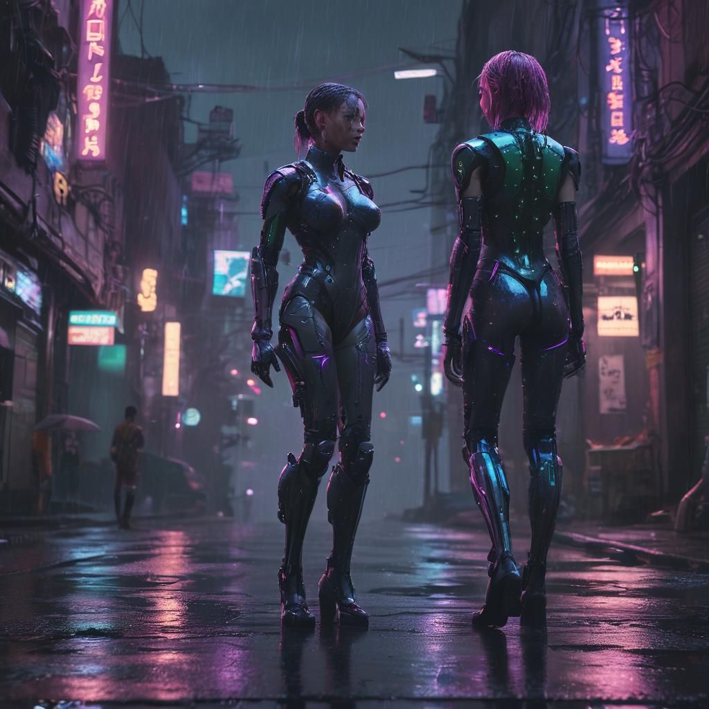 Cyberpunk Woman with Cybernetic Arm in Rainy City