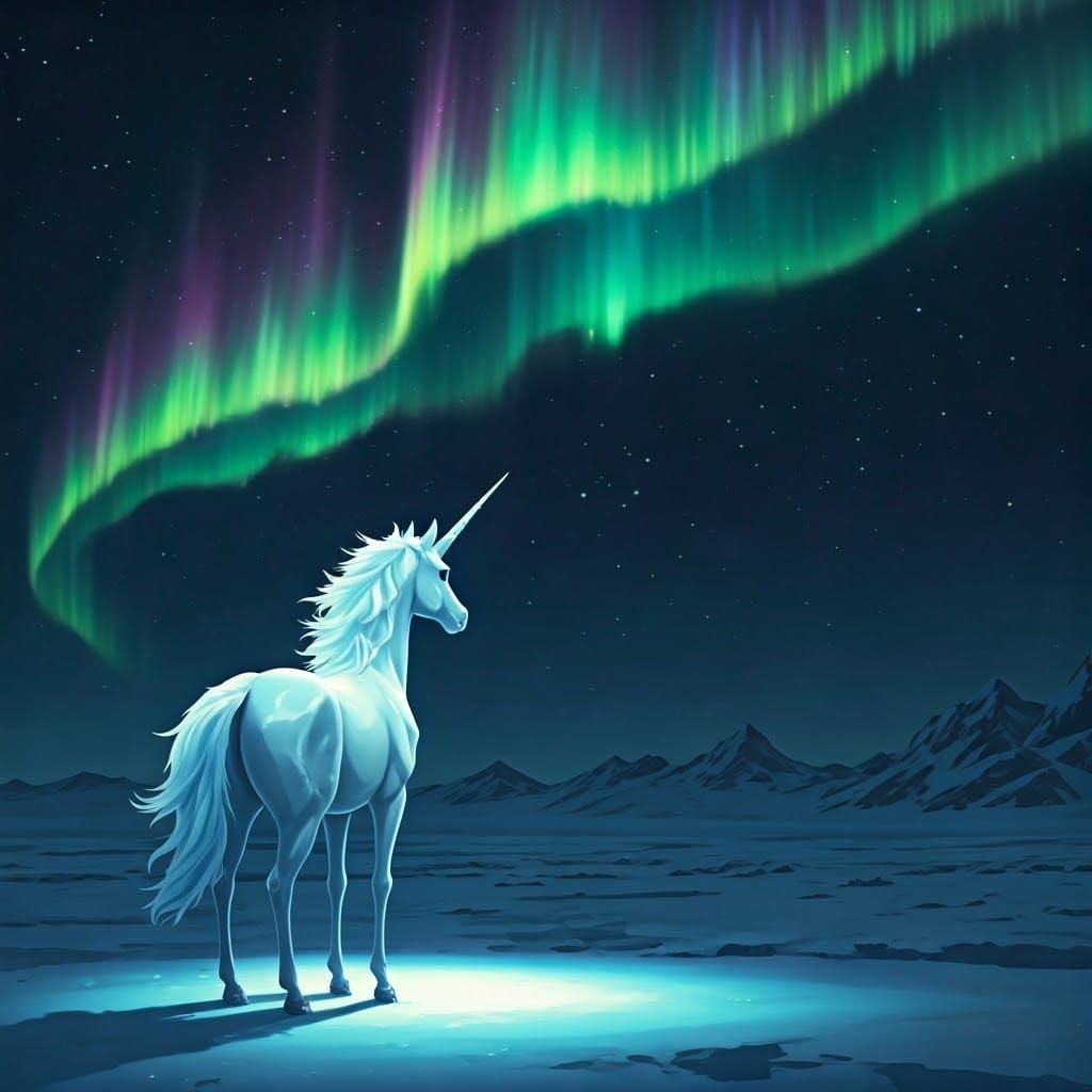 Ice Unicorn and Aurora: Ghibli-esque Antarctic Scene