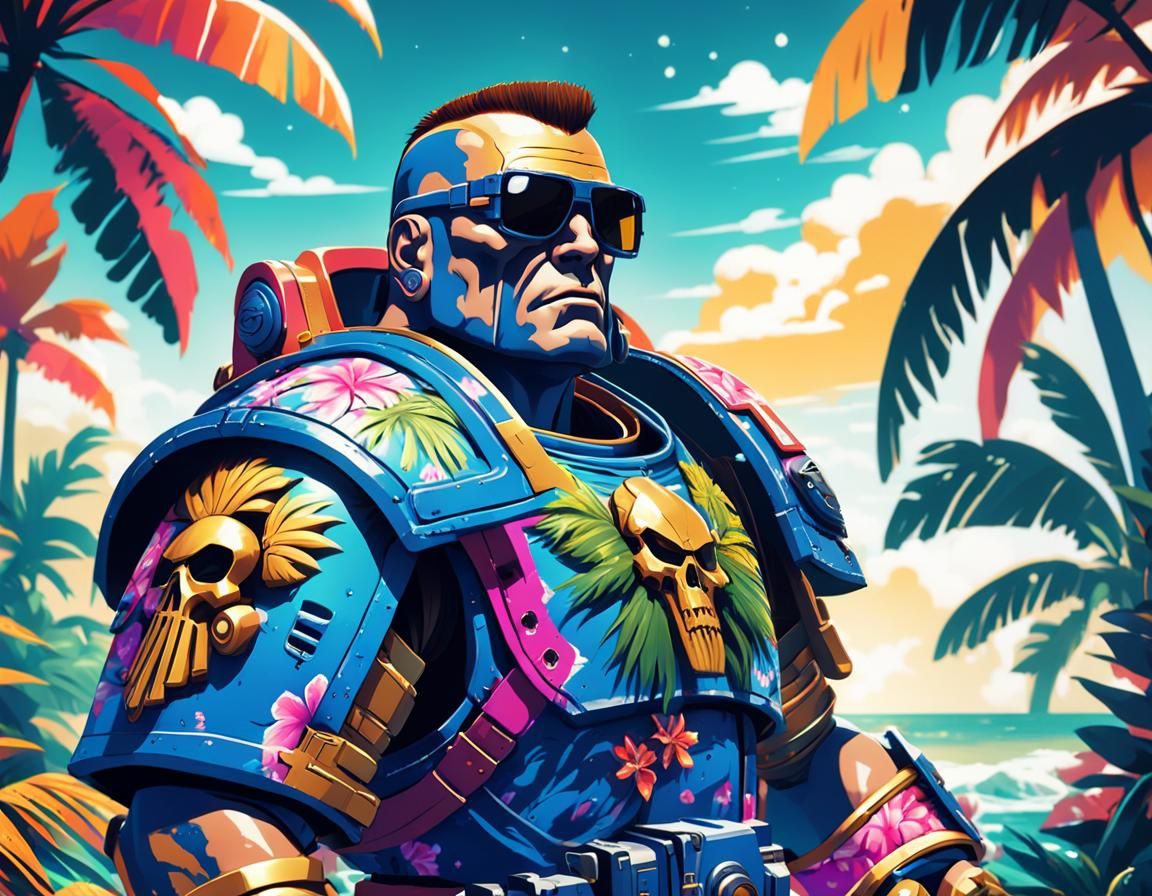 Space Marine in Hawaiian Shirt: 3D Anime Style