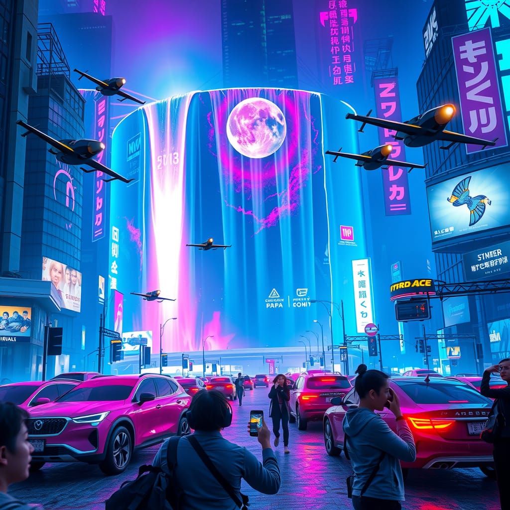 Cyberpunk City Waterfall with Holographic Billboard