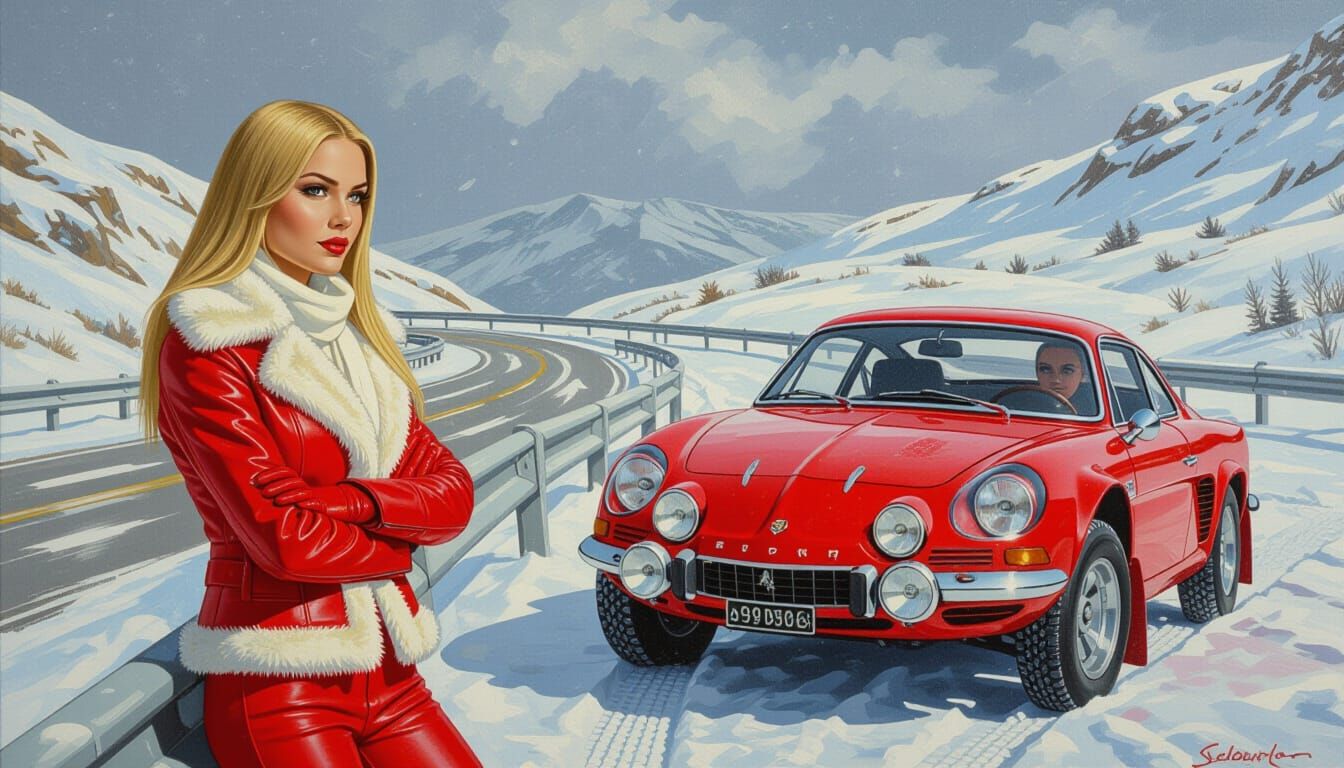 Textured Oil Painting Of Woman In Red Leather With Alpine Ca...