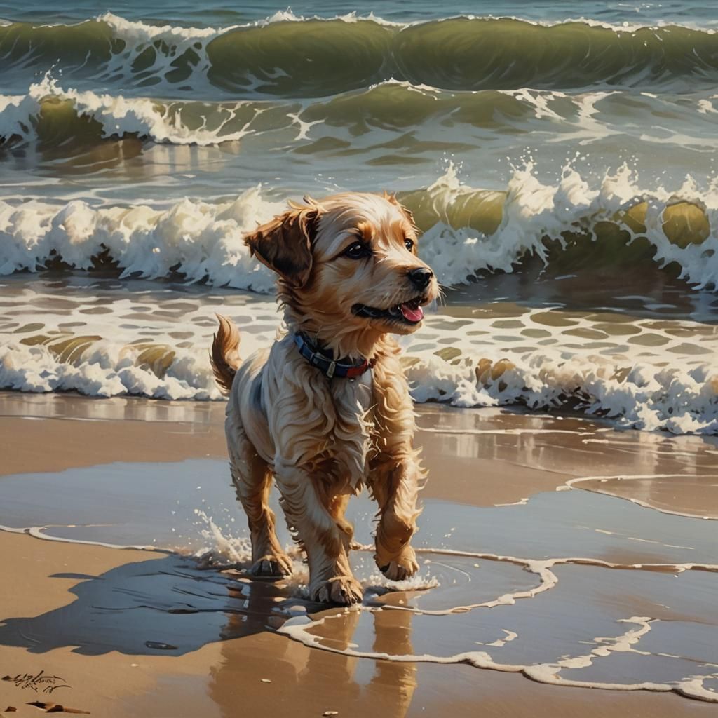 Puppy Barking at Wave, Oil Painting