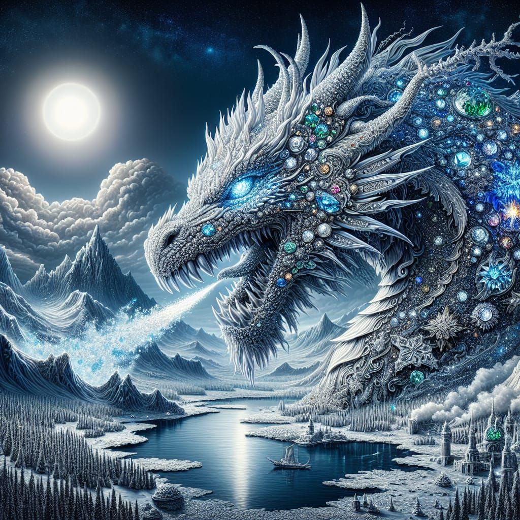 Glistening Frost Dragon Over Frozen Landscape