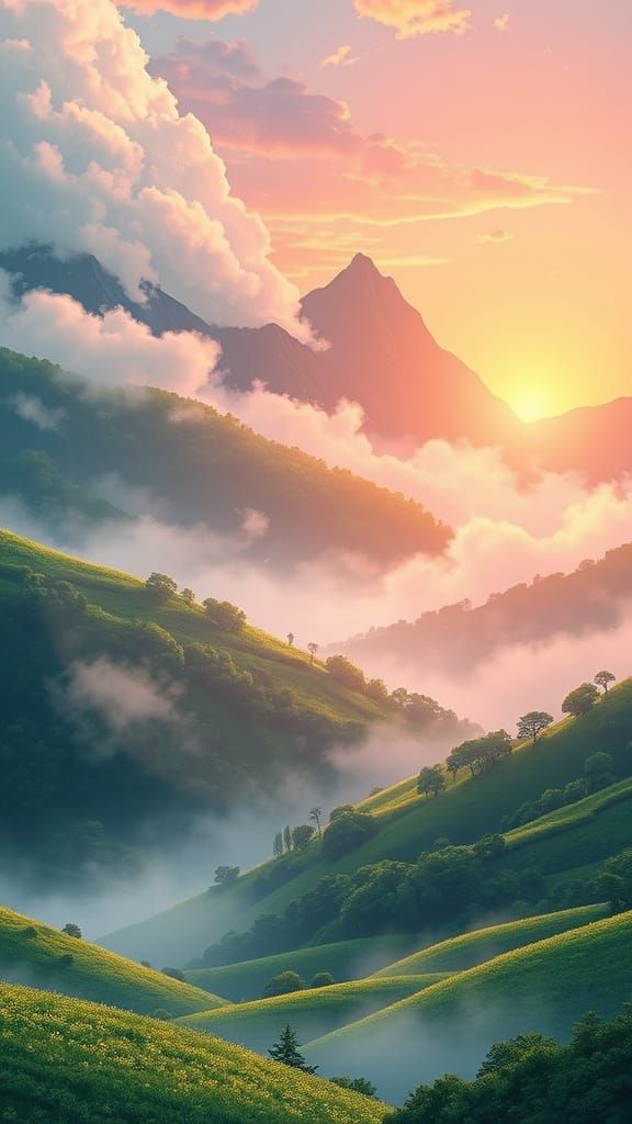 Peaceful Anime-Inspired Japanese Valley at Dawn