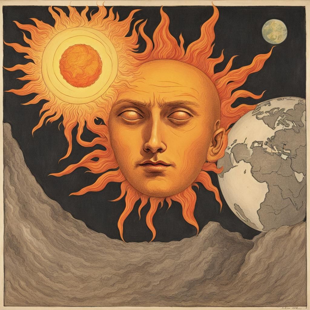 Sun-Faced Man Contemplates Earth: Solar Deity
