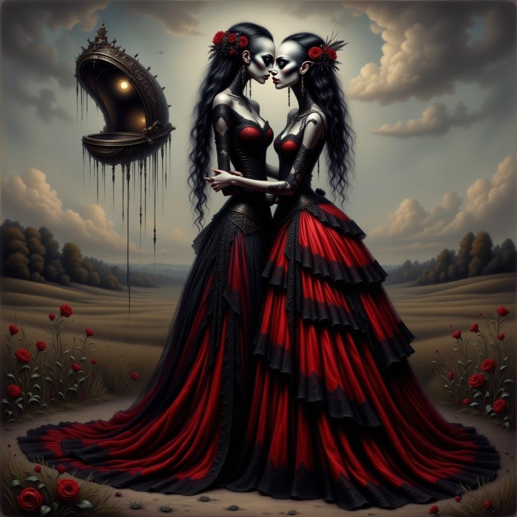 Baroque Lady Embraces Alien in Goth Style Oil Painting