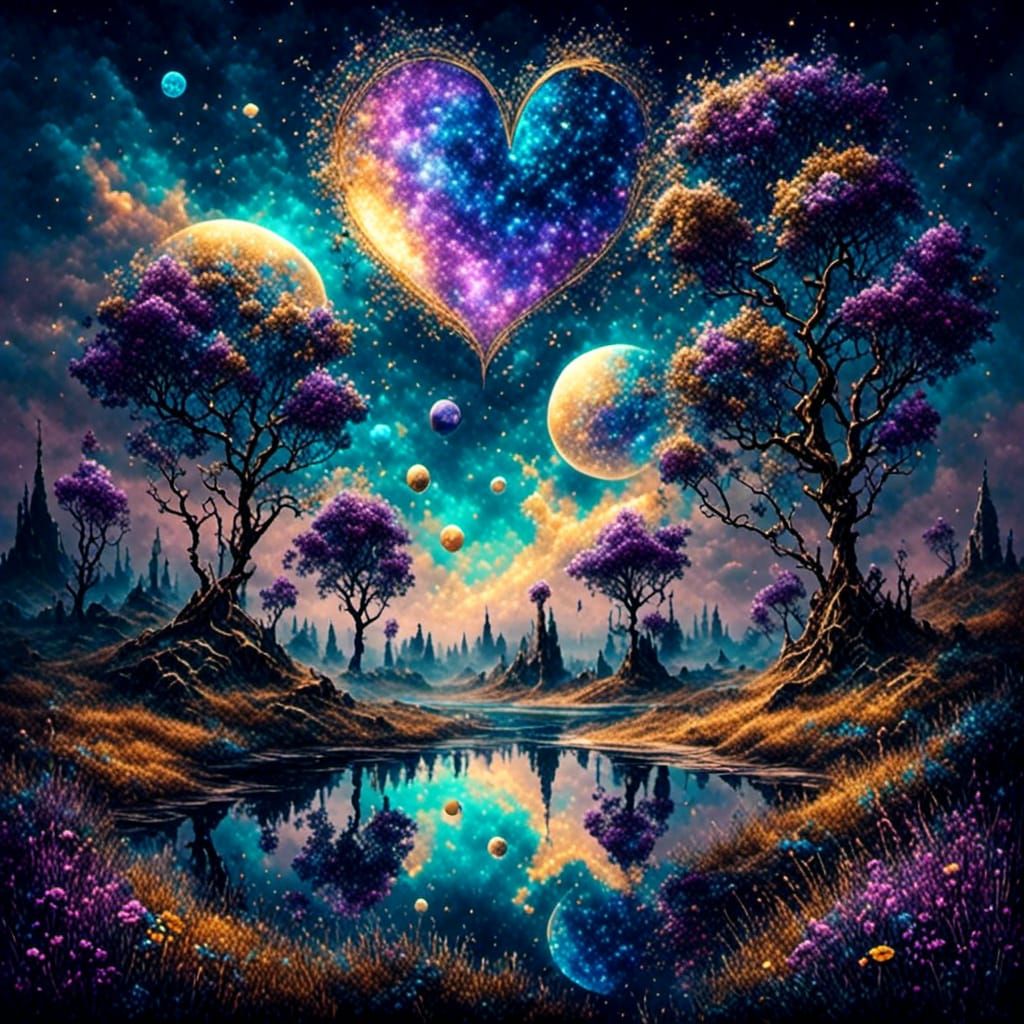 Luminous Floral Landscape with Heart Planets