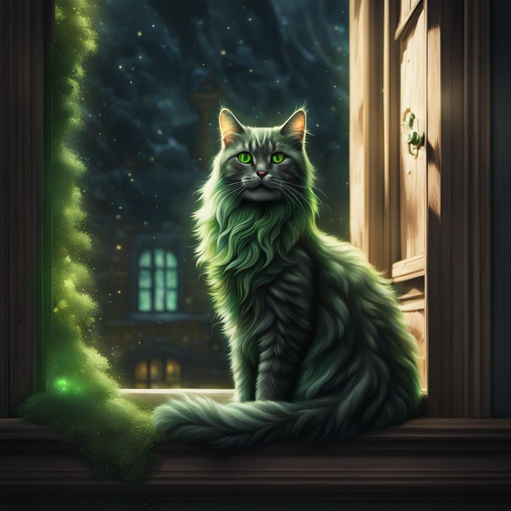 Green-Eyed Cat on Windowsill: Fantasy Art