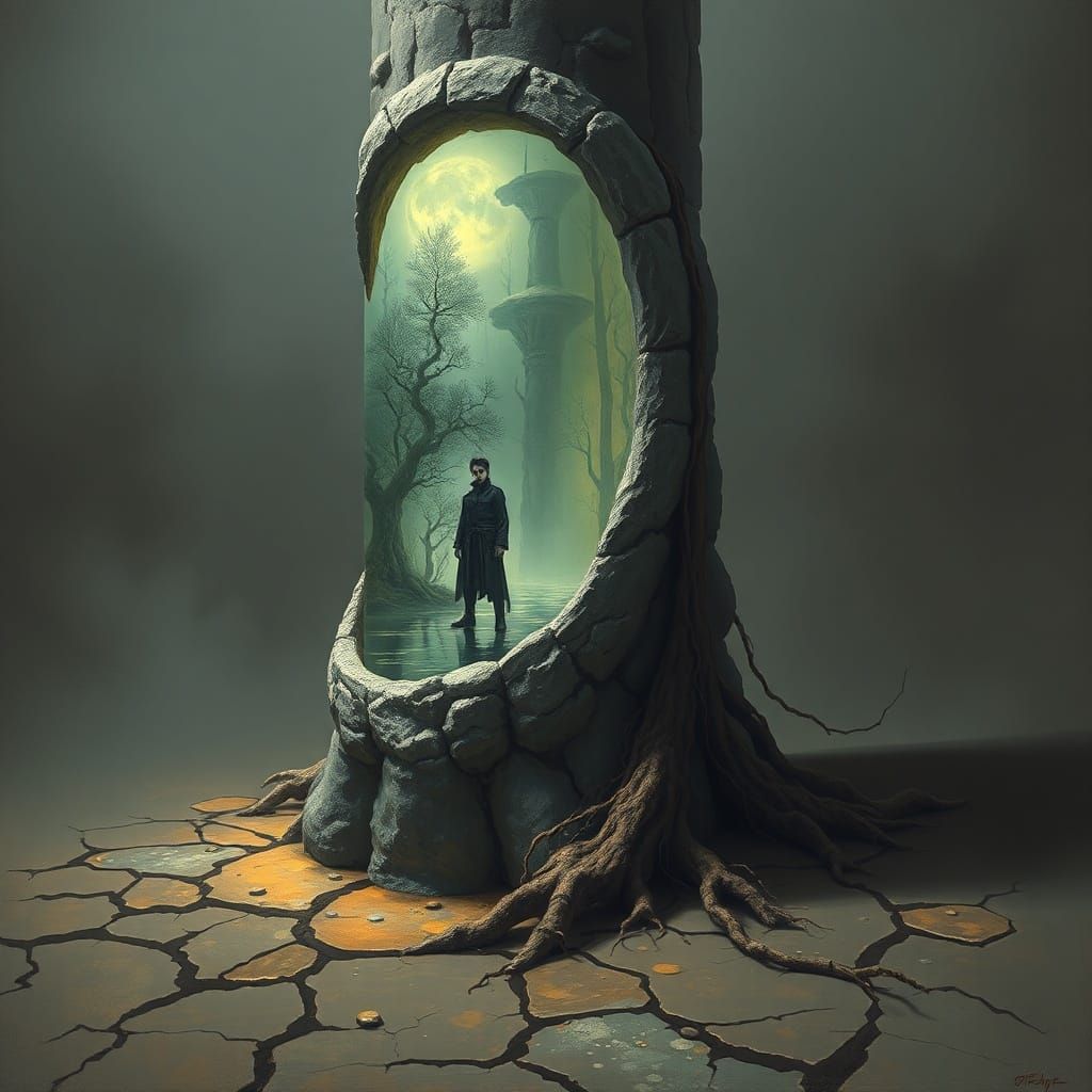 Surreal Fossil Structure with Vampire and Knights