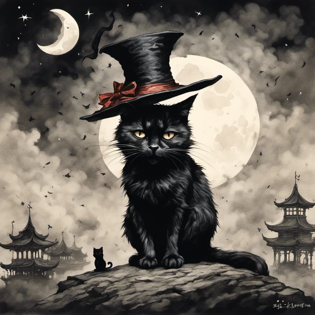 Crying Black Cat with Hat in Ink Painting Style