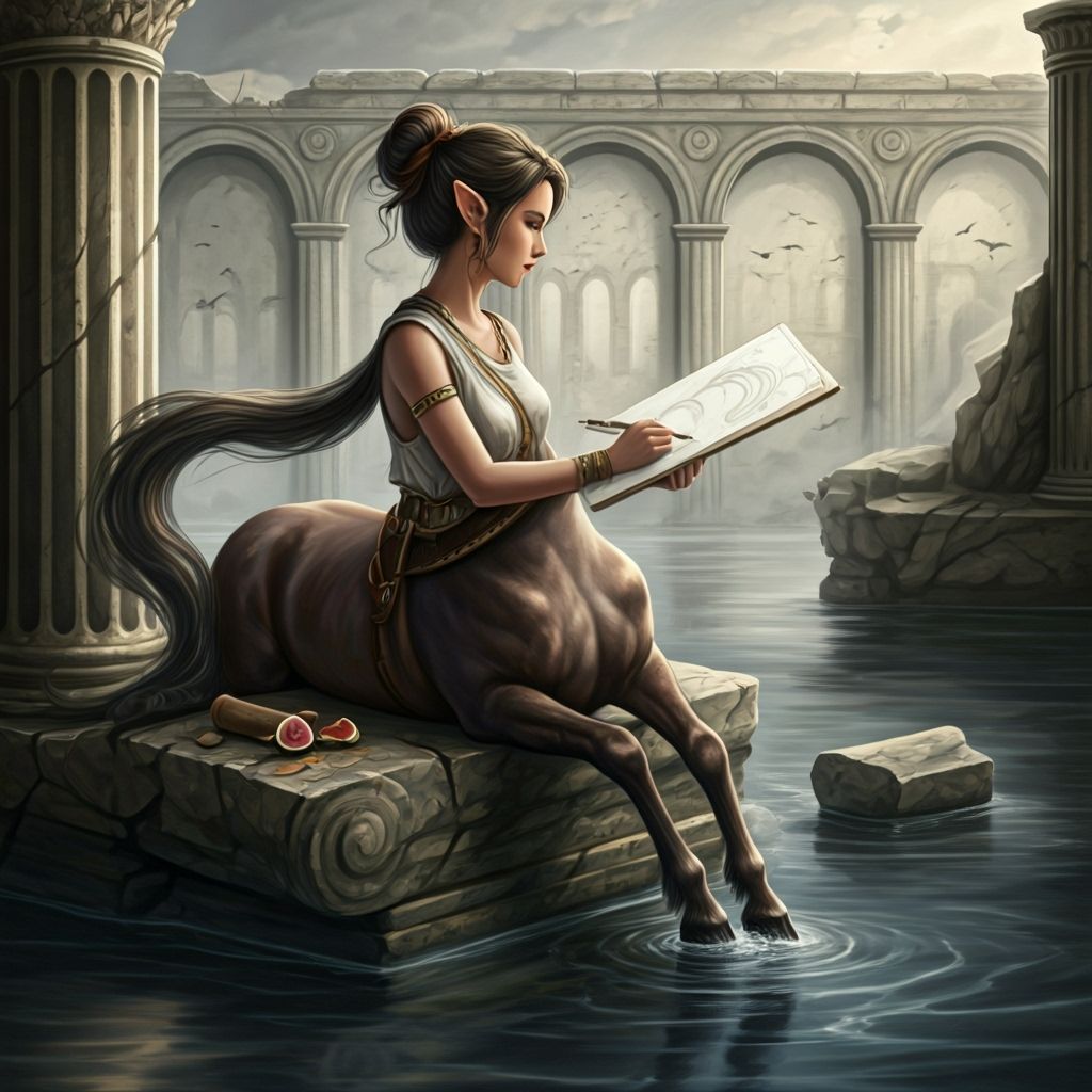 Centaur Girl Sketches Landscape with Charcoal