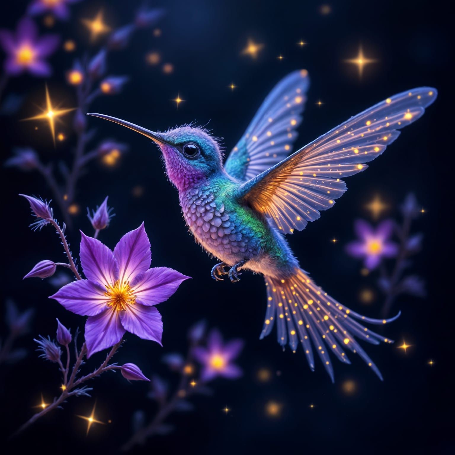 Vibrant Hummingbird in Whimsical, Glowing Forest