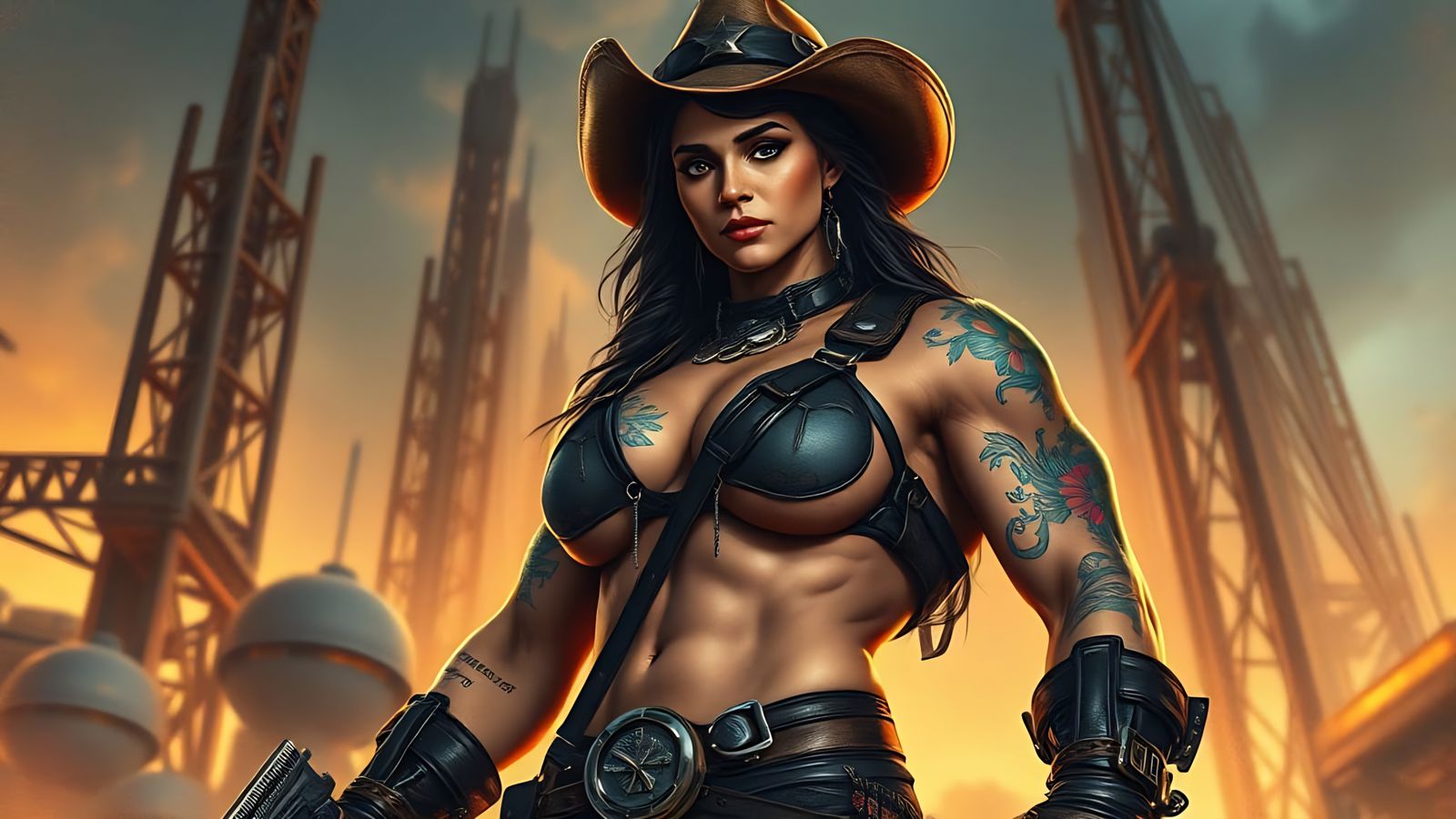 Majestic Western Bodybuilder in Gothic Leather, Sci-Fi Tatto...