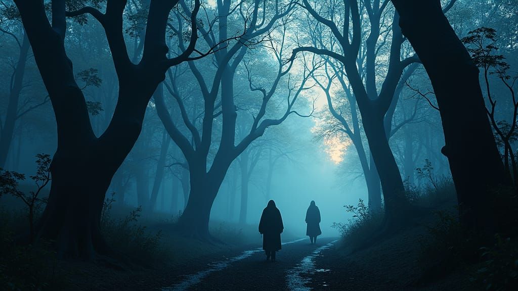 Silhouettes in Twilight Forest: Matte Painting Style