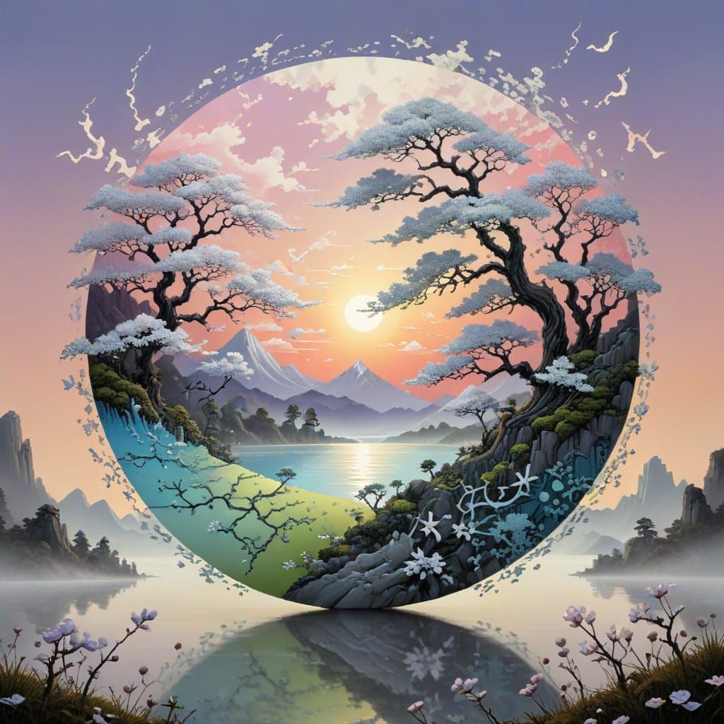 Surreal Sunrise Landscape with Ancient Kanji Artifact