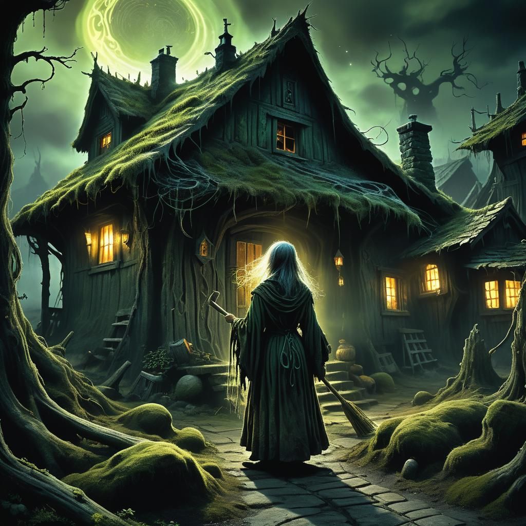 Cottage Witch Sweeping in Dark Fantasy Style
