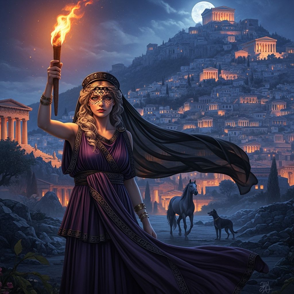 Enodia, Greek Goddess with Torch in Dramatic Lighting