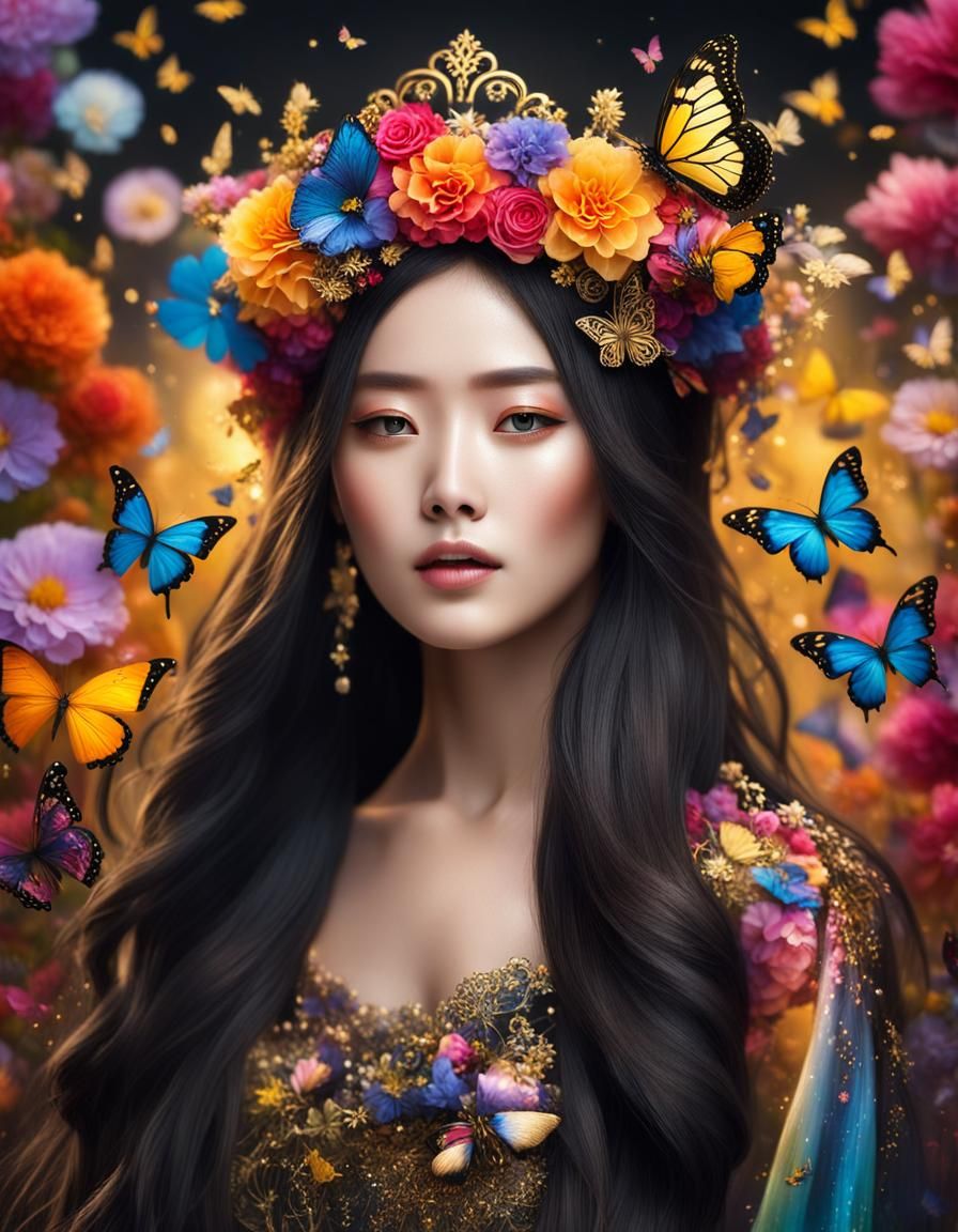 Ethereal Korean Woman with Floral Crown: Hyperrealistic Phot...