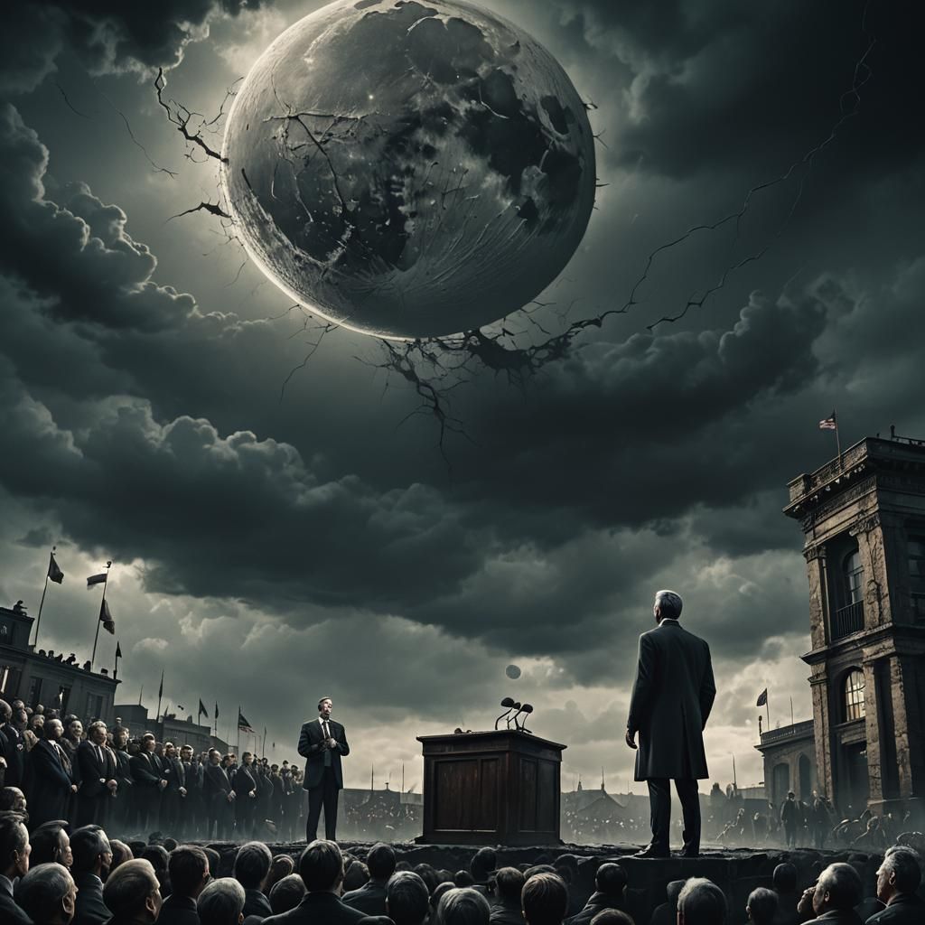 Ominous Moon Looms Over Politician: Dark Surrealism