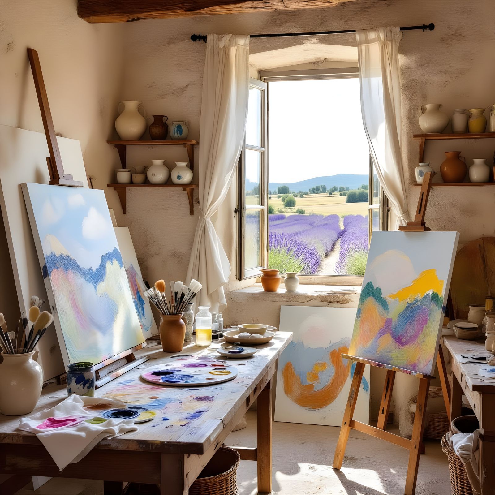 Sunlit Provençal Painter's Workshop in Watercolor Style