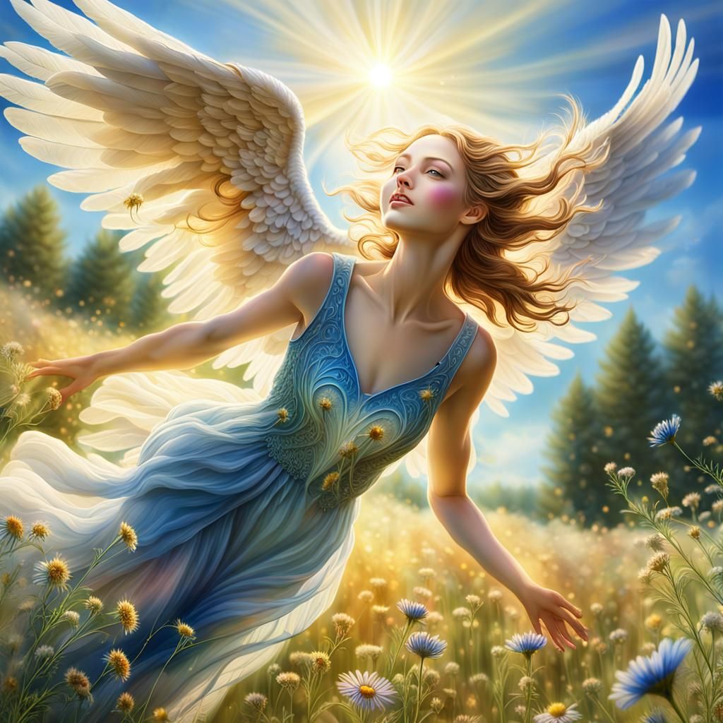 Breathtaking Angel Ascends in Vibrant Meadow