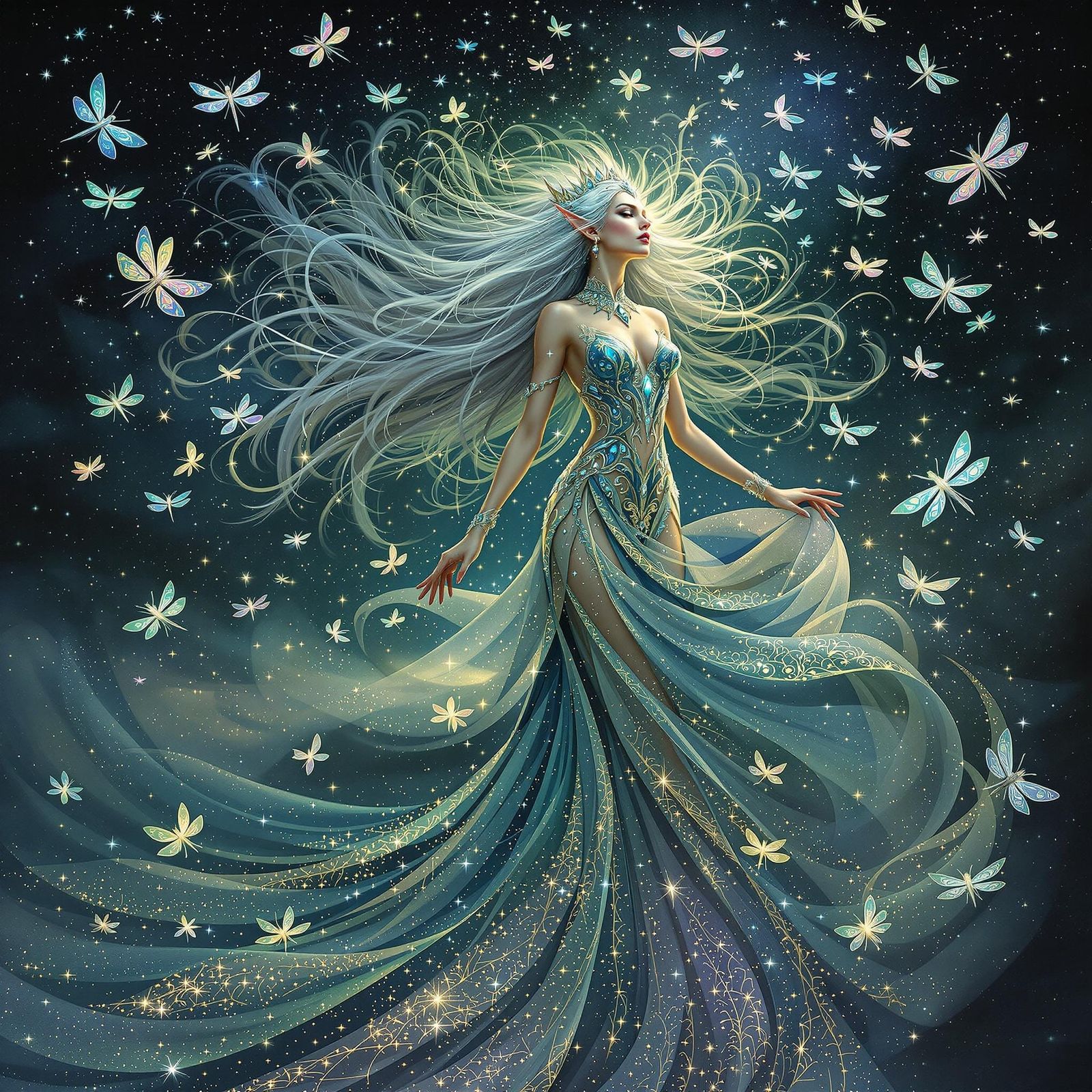 Regal Elven Queen Soars with Dragonflies in Cosmic Splendor