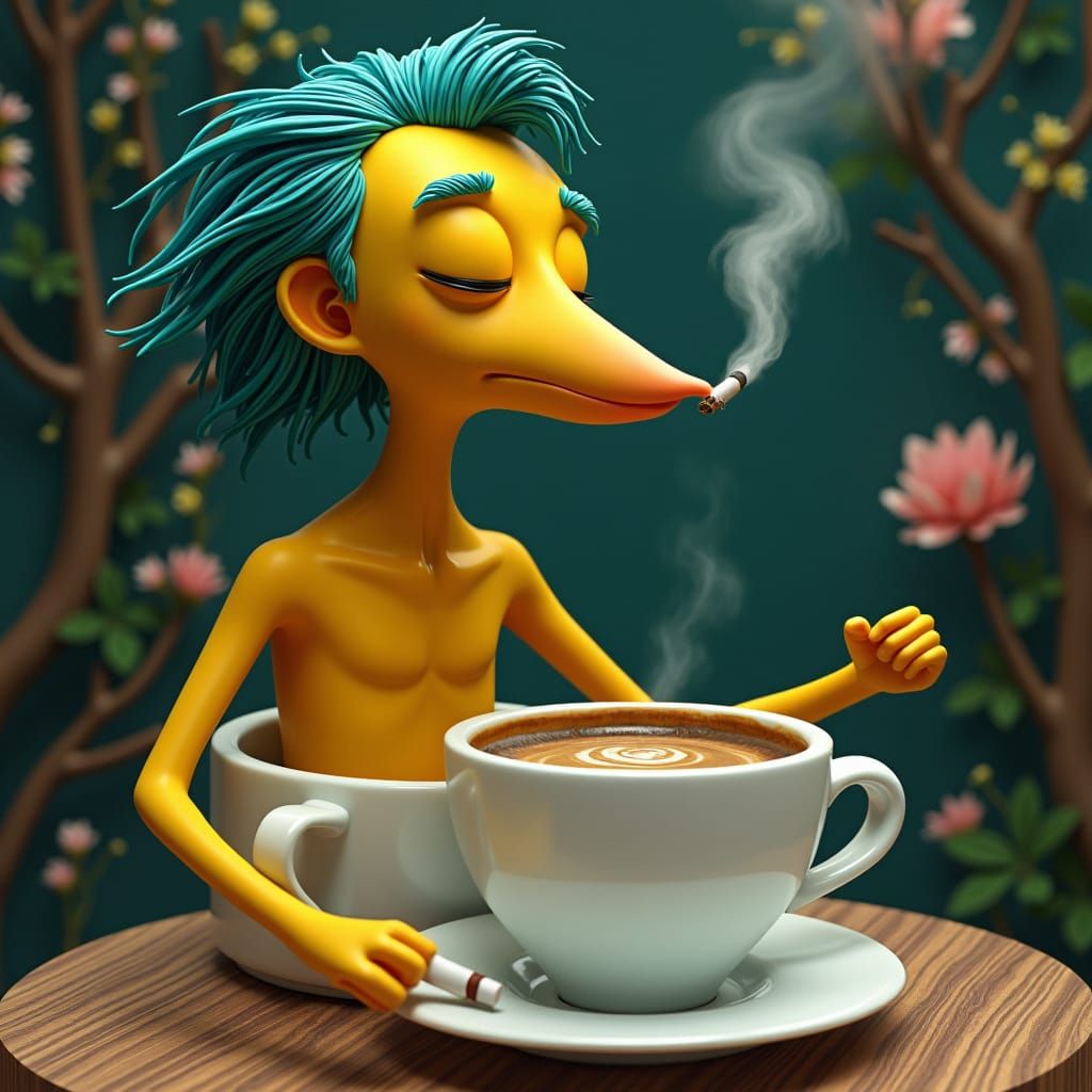 Yellow Man Smoking in Coffee Cup, as Matte Painting