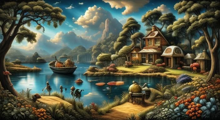 Vibrant, Photorealistic Robot in Whimsical Surreal Scene